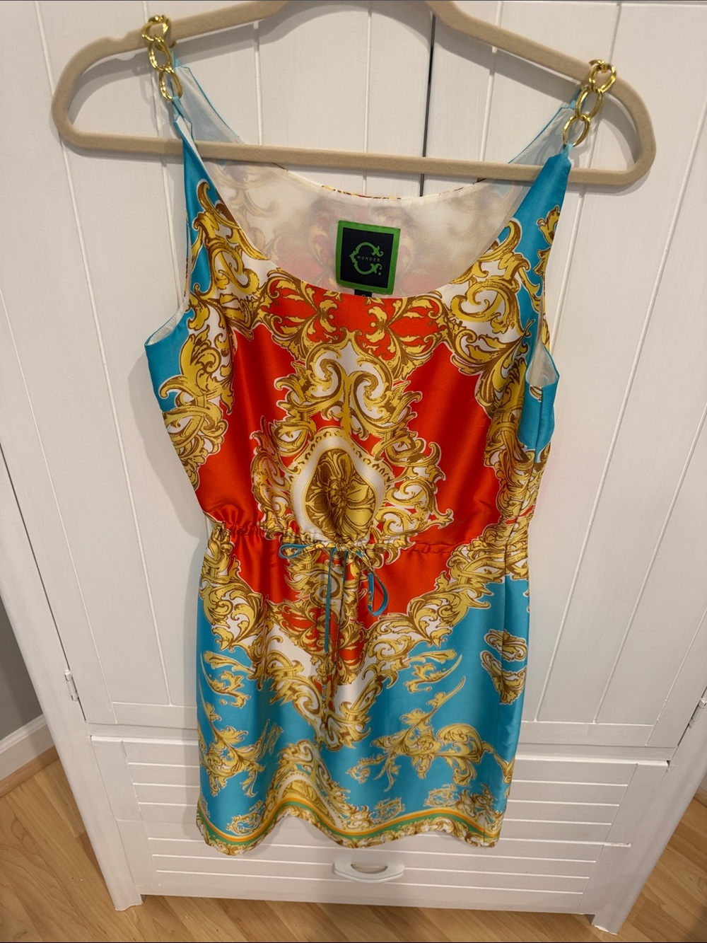 Sleeveless Baroque Knee Length Dress in Turquoise & Red with Gold Link Accents